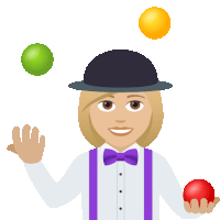 a man in a bowler hat and purple suspenders is juggling three balls