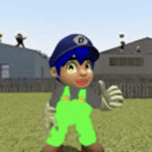 a cartoon character with blue hair and green overalls is giving a thumbs up in a field .