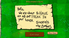 a screenshot of a game that says you found a note