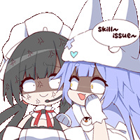 two anime girls are standing next to each other and one has a speech bubble that says skill issue .