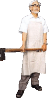 a man in a white apron is holding an axe