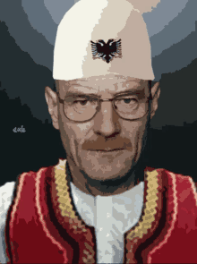 a man wearing glasses and a hat with an eagle on it