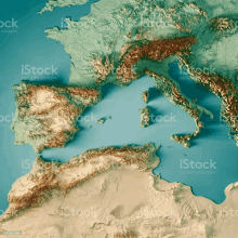 an aerial view of a map of europe with mountains and water