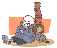 a cartoon drawing of a skeleton and a girl with a stack of books on their head