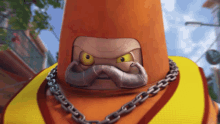 a cartoon character wearing a chain around his neck and an orange hat