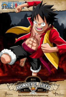 a poster of monkey d. luffy from one piece is shown