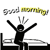 a stick figure is sitting on a bed with his arms outstretched and the words `` good morning '' above him .