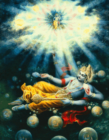 a painting of a deity surrounded by bubbles and a flower