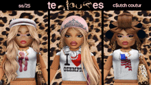 a collage of three pictures of a girl with a leopard print background and the words ss / 25 and csutch couture