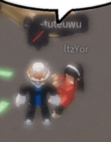 a girl in a red shirt is standing next to a roblox character with a speech bubble above them that says itzyor