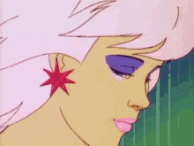 a close up of a cartoon character 's face with pink and purple makeup and a star earring .