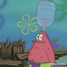 patrick star from spongebob squarepants is drinking water from a water bottle on his head .