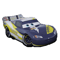 a blue and yellow lightning mcqueen racing car