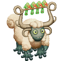 a cartoon illustration of a sheep with horns and birds on its head