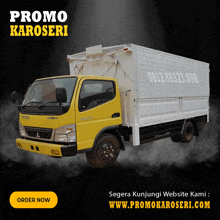 a yellow and white truck with the words promo karoseri on the side