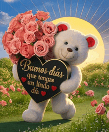 a teddy bear holding a heart and a bouquet of pink roses says buenos dias que tengas un lindo dia