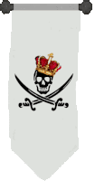 a white banner with a skull and crossbones and a crown