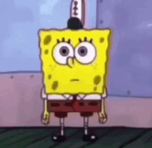 spongebob squarepants is wearing a hat and tie and is standing on a green floor .