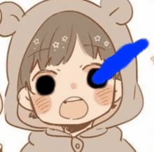 a cartoon of a girl wearing a teddy bear hoodie with a blue lightning bolt in her eye .