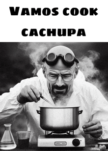 a man wearing goggles is cooking in a pot with the words vamos cook cachupa above him