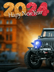 a happy new year greeting card with a jeep in the background