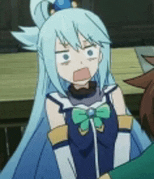 aqua from undertale is making a funny face while sitting next to a man .