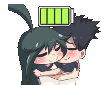 a cartoon of a boy and a girl hugging with a green battery behind them