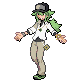 a pixel art drawing of a man with green hair and a hat standing on a white background .