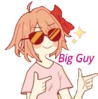 a girl wearing sunglasses giving a thumbs up and the word big guy behind her