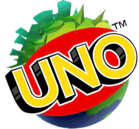 a logo for a game called uno with a green ball in the background