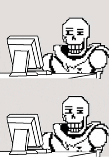 a pixel art drawing of papyrus sitting in front of a computer .