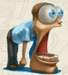 a cartoon man with big eyes and a big mouth is bending down .