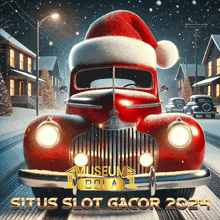 an advertisement for situs slot gacor shows a red car with a santa hat on it