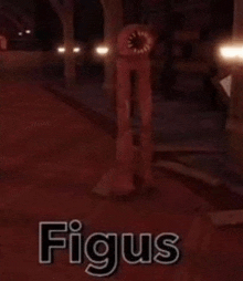 a red figure with a big mouth is standing in a dark room with the words figus written on it .