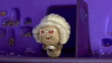 a cartoon character wearing sunglasses and a wig is sitting in a doorway .