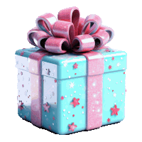 a blue and pink gift box with a pink bow and stars on it