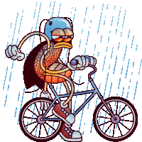 a bug is riding a bike in the rain