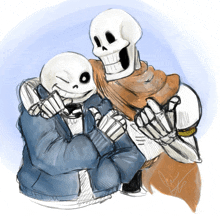 a drawing of two skeletons hugging each other on a white background