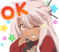 a girl with long white hair is surrounded by stars and the word ok is above her