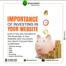 an advertisement for alienskart web pvt. ltd. shows a piggy bank surrounded by stacks of gold coins