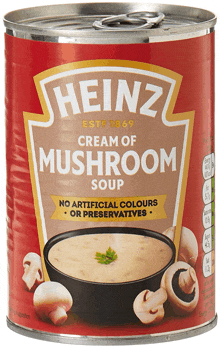 a can of heinz cream mushroom soup with mushrooms on the side