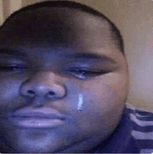 a close up of a man 's face with a tear coming out of his nose .