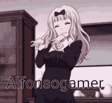 a girl in a black dress is dancing in a room with the words alfonsogamer written on the bottom .