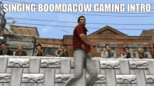 a man in a red shirt is dancing in front of a crowd with the words singing boomdacow gaming intro above him