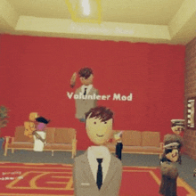 a man in a suit and tie is standing in front of a red wall that says " volunteer mod "