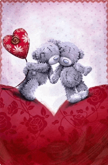 two teddy bears kissing while one holds a red heart balloon