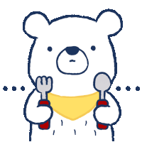 a cartoon bear is holding a fork and spoon in his hands