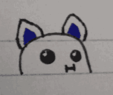 a drawing of a white cat with blue ears and a mouth