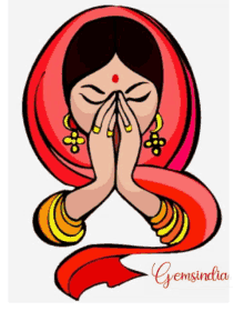 a cartoon drawing of a woman with her hands folded and the word gemsindia below her