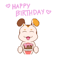 a cartoon of a dog holding a cake with the words happy birthday written above it